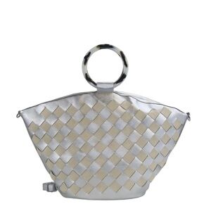 DARLING Silver and Tan Woven Handbag with shoulder strap & unique handle NWT